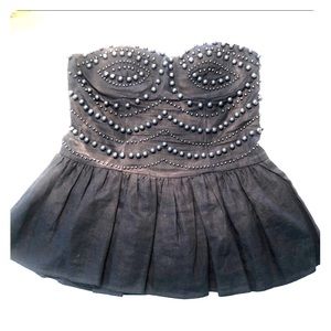 Navy Beaded linen strapless peplum top